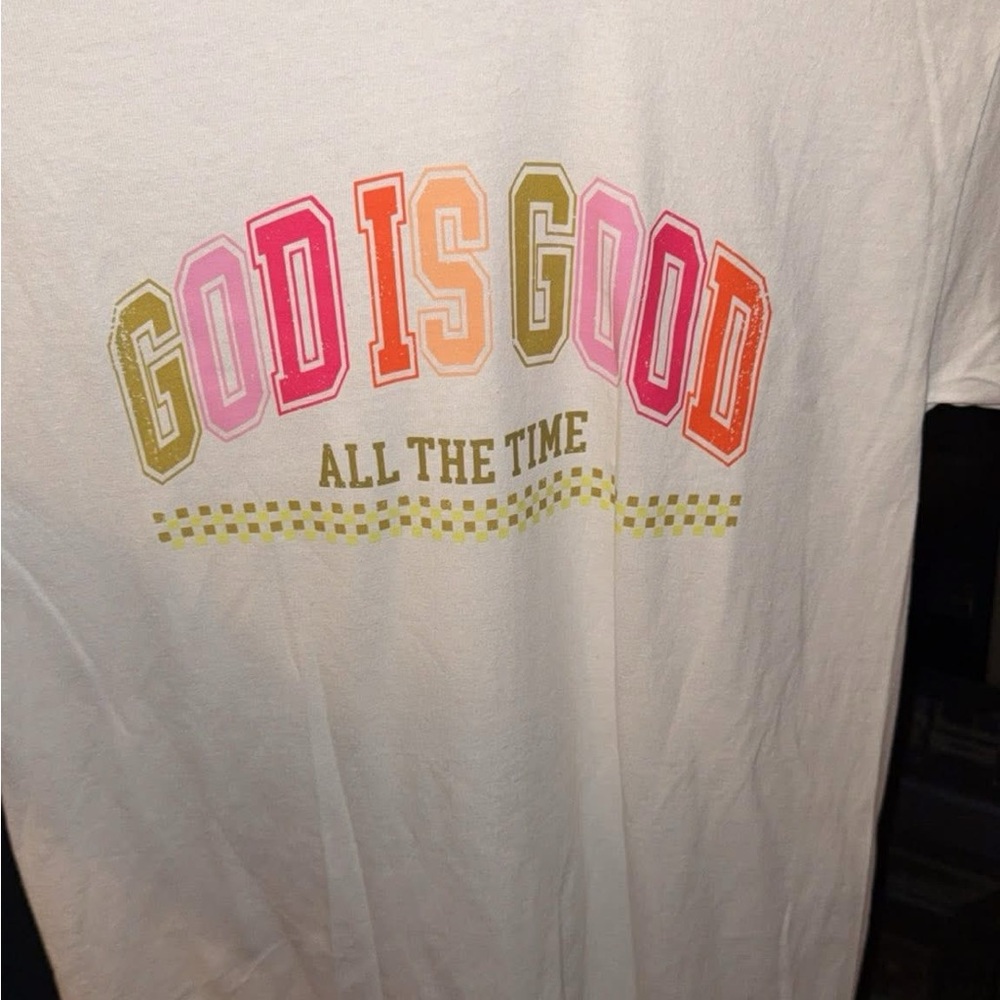 White Graphic Tee with Colorful 'God is Good' Print